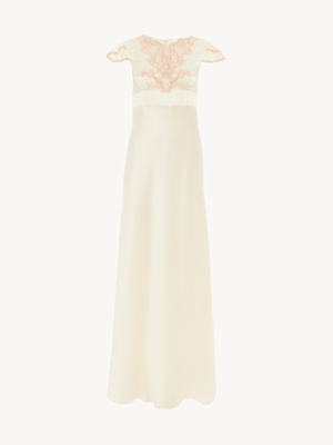 Cap-sleeve column dress in washed silk satin & lace