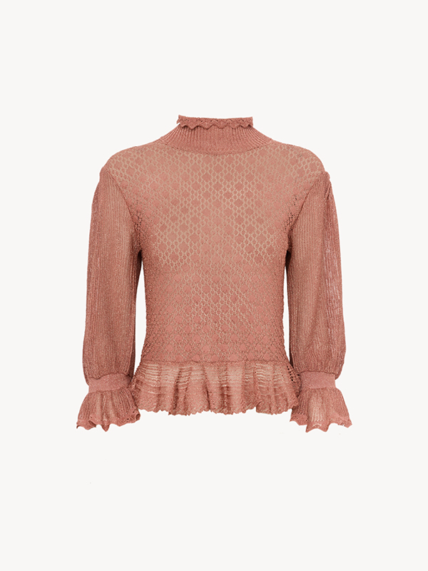 Ruffled puff-sleeve sweater in a lurex knit