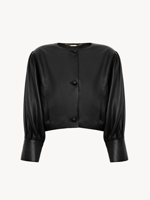 Cropped collarless jacket in leather