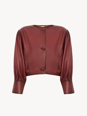 Cropped collarless jacket in leather