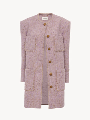 Single-breasted collarless coat in chiné wool tweed