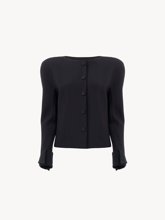Collarless fitted jacket in wool crêpe