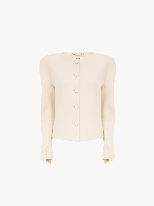 Collarless fitted jacket in wool grain de poudre
