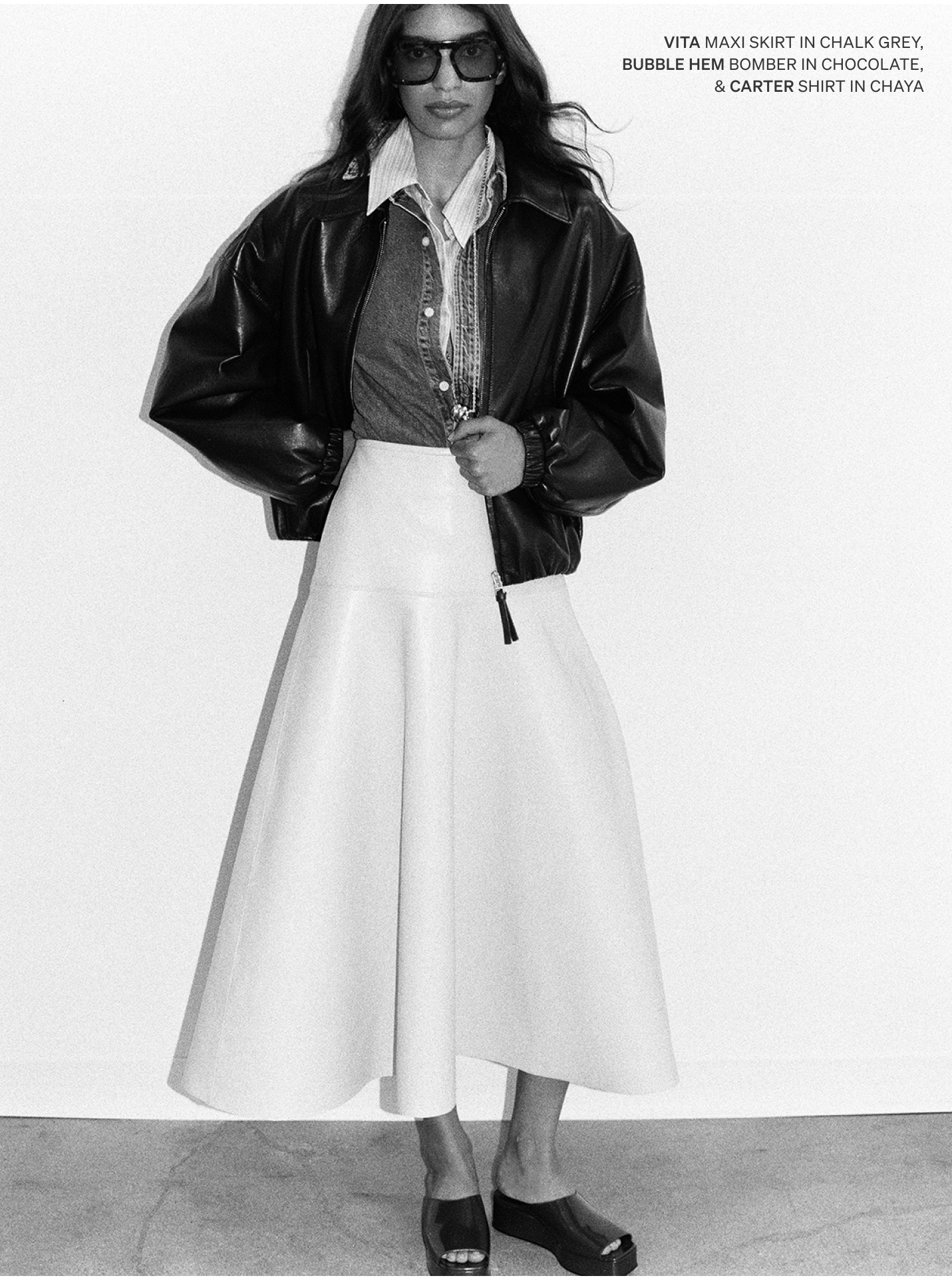 Shop the Vita Maxi Skirt, Bubble Hem Bomber, & Carter Shirt