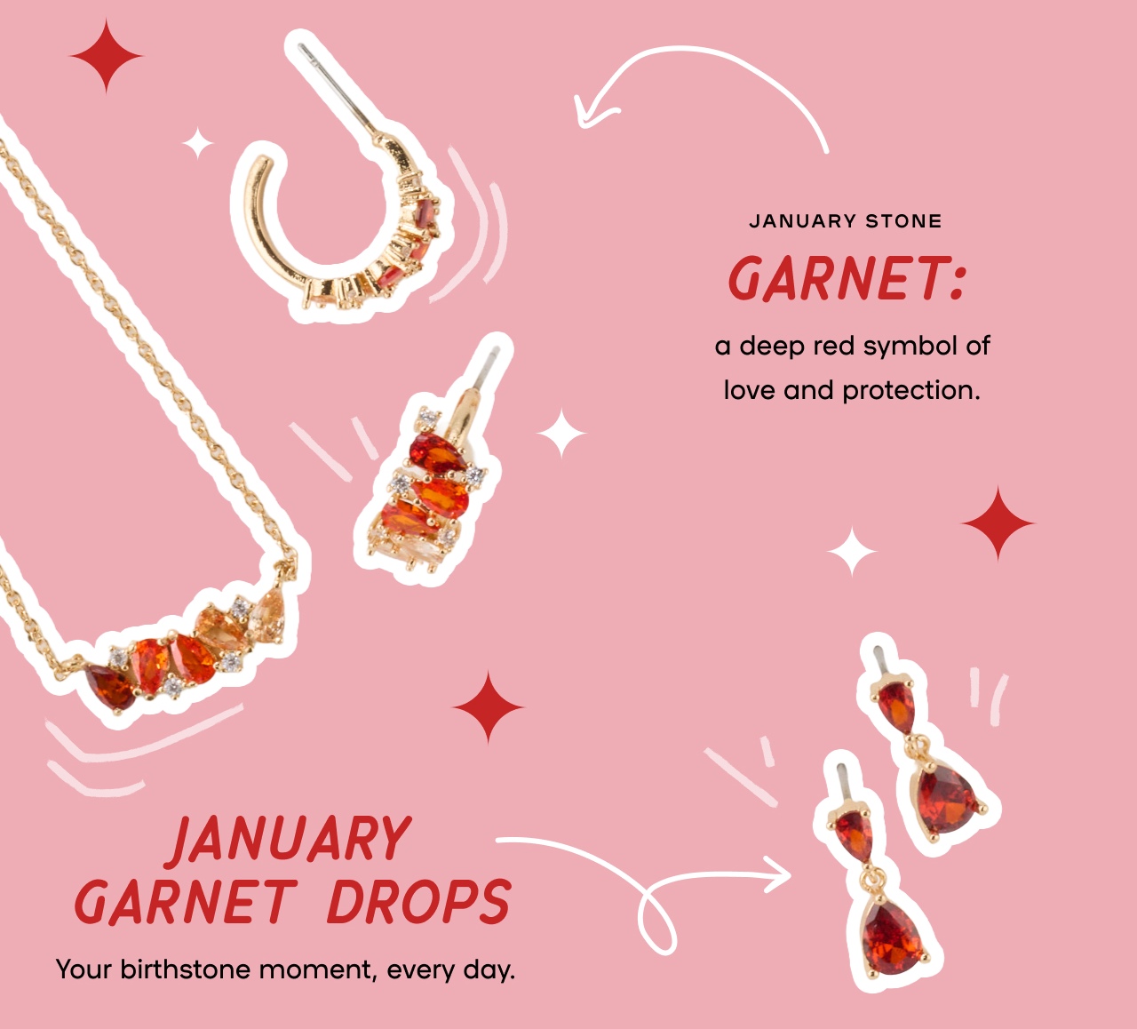 January Edit Sparkle in your signature shade - Capricorn? acquarius? January Birthday? This is your moment - own your month in style.. January Stone Garnet: a deep red symbol of love and protection. January Garnet Drops - Your birthstone moment, every day.