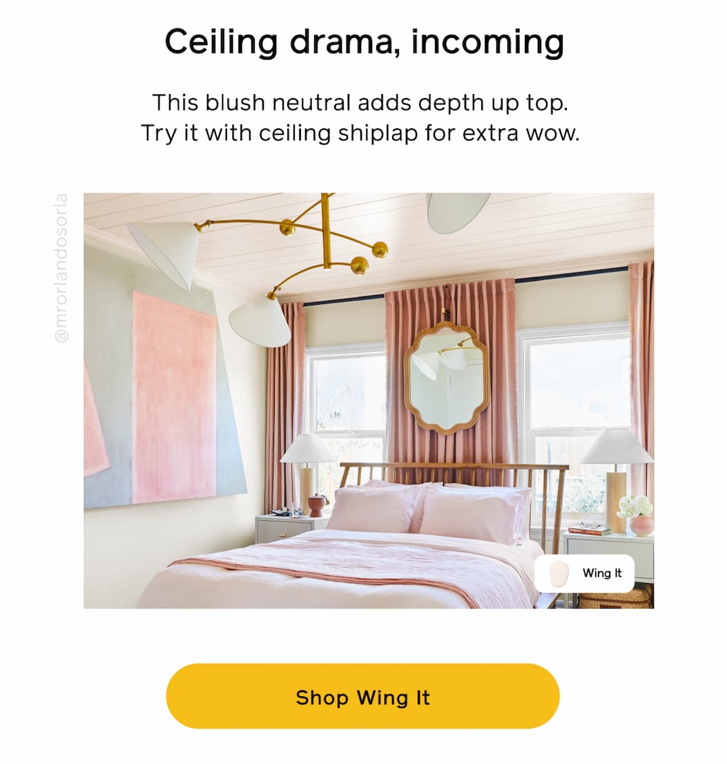 Ceiling drama, incoming. This blush neutral adds depth up top. Try it with ceiling shiplap for extra wow. Shop Wing It