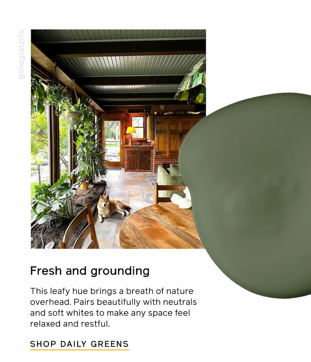 Fresh and grounding. This leafy hue brings a breath of nature overhead. Pairs beautifully with neutrals and soft whites to make any space feel relaxed and restful. SHOP DAILY GREENS