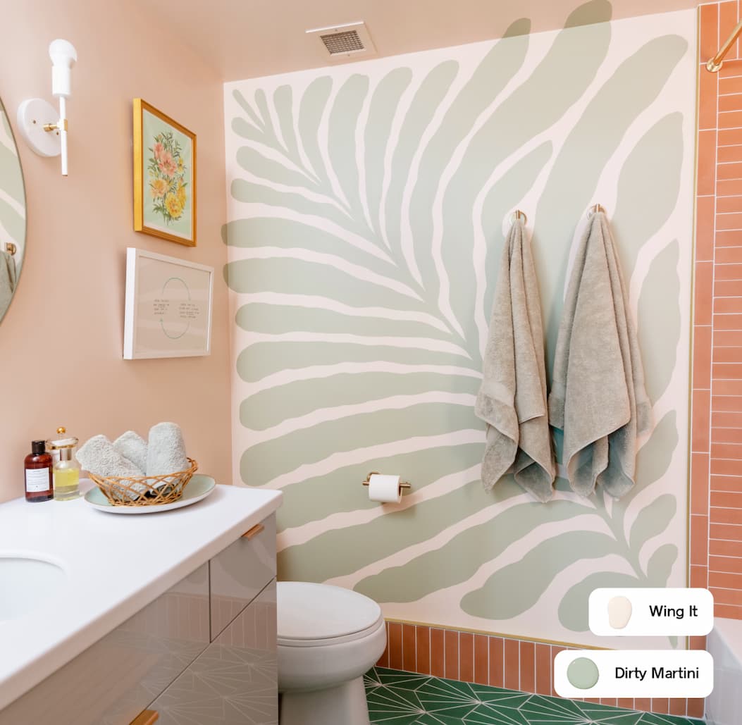 Bathroom featuring mural painted in Wing It and Dirty Martini