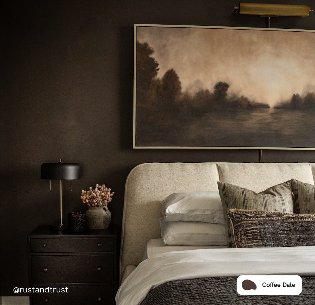 Bedroom painted in cozy chocolate brown Coffee Date