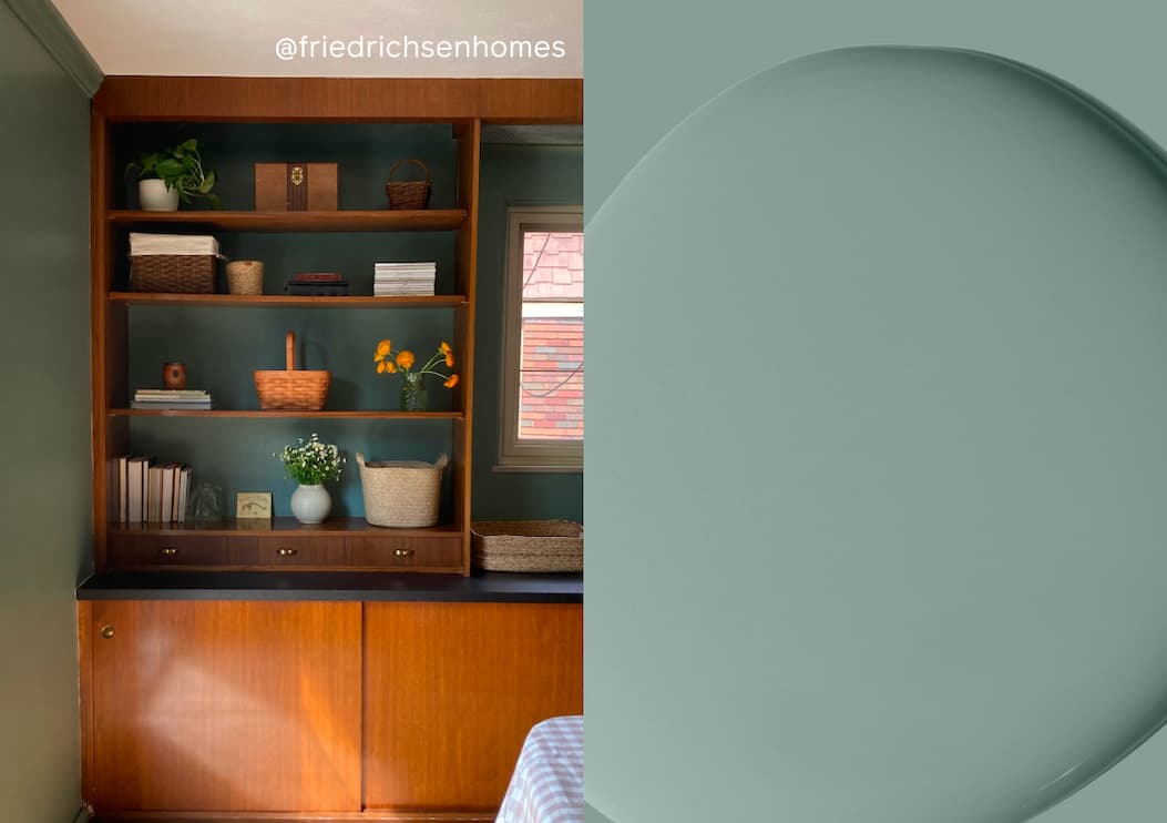 Wall behind bookcase painted in Mellow Mood