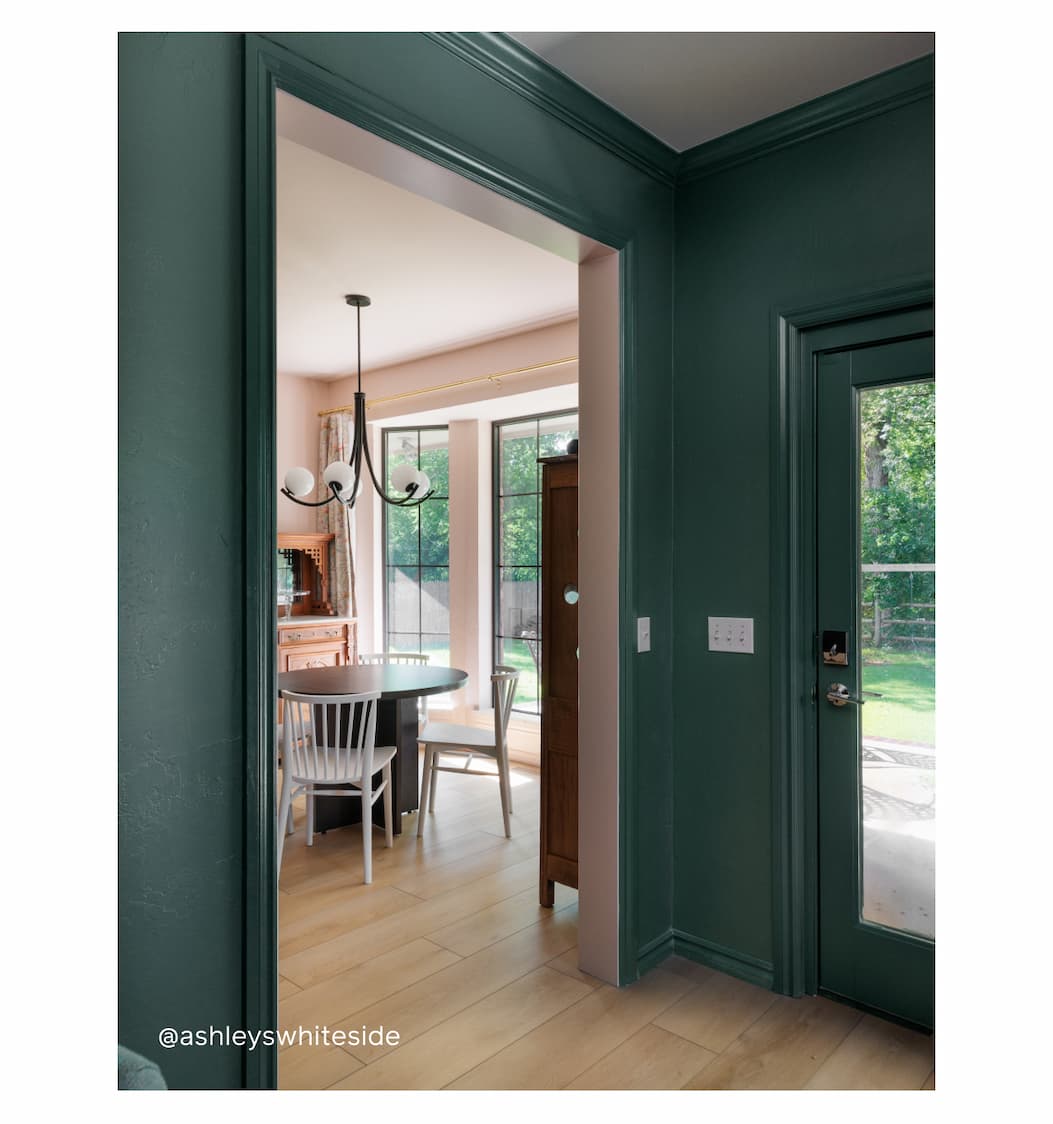 Threshold featuring Current Mood on trim and walls in hallway and Wing It in dining room