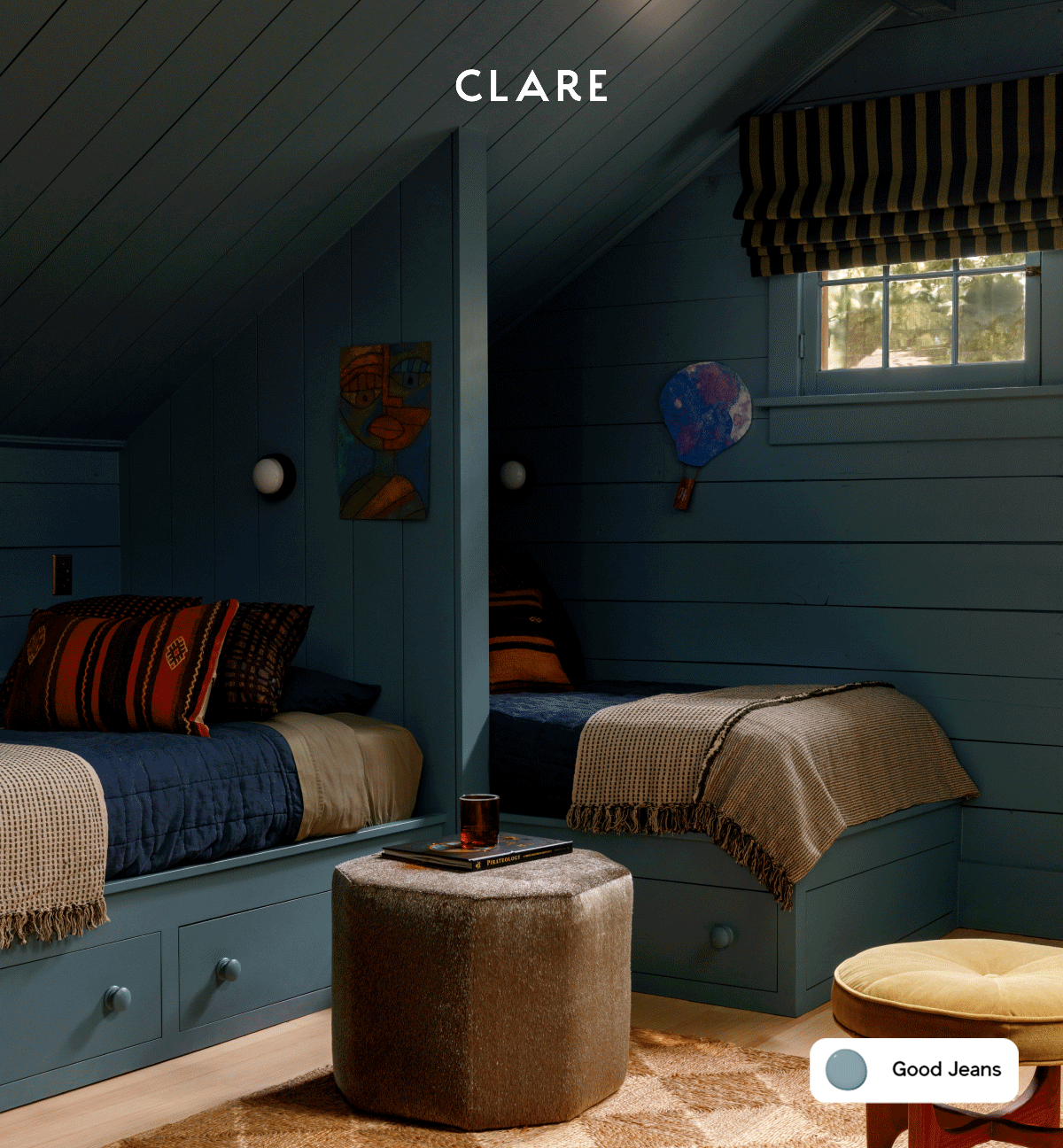 Gif of kids' bunk room featuring paint colors Good Jeans and Rain Check