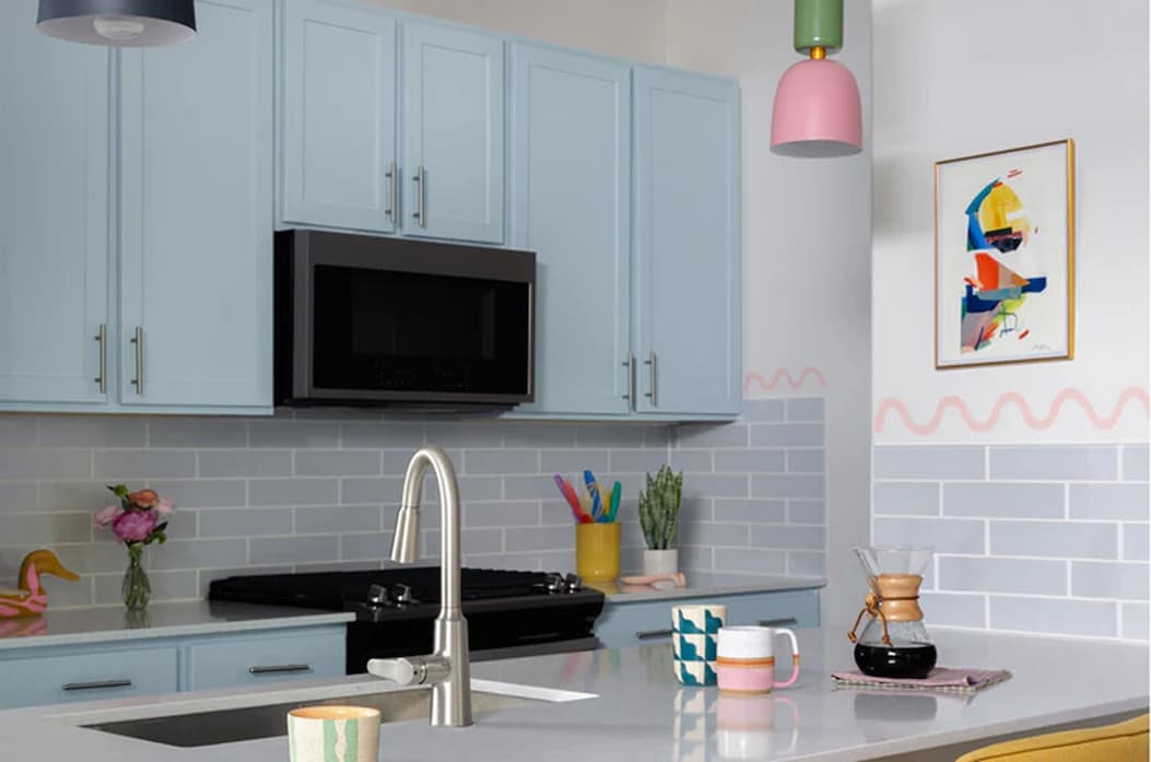 Kitchen cabinets painted in Nairobi Blue