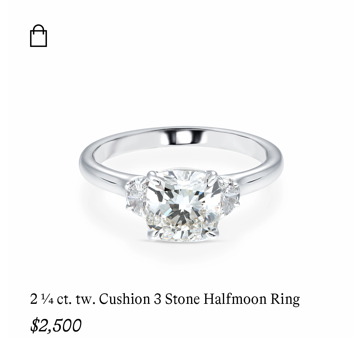 2 1/4 ct. tw. Cushion 3 Stone Halfmoon Ring in 14k White Gold