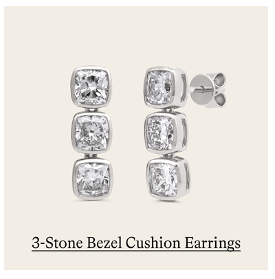 3 ct. tw. 3-Stone Bezel Cushion Cut Lab Diamond Earrings in 14kt White Gold