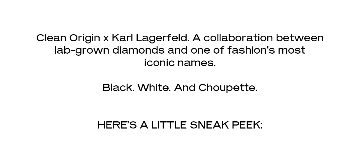 Clean Origin × Karl Lagerfeld. A collaboration between ab-grown diamonds and one of fashion's most iconic names. Black. White. And Choupette. HERE'S A LITTLE SNEAK PEEK: