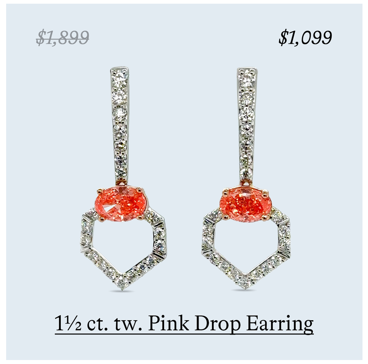 1 1/2 ct. tw. Oval Fancy Pink Drop Earring in 14K White and Rose Gold