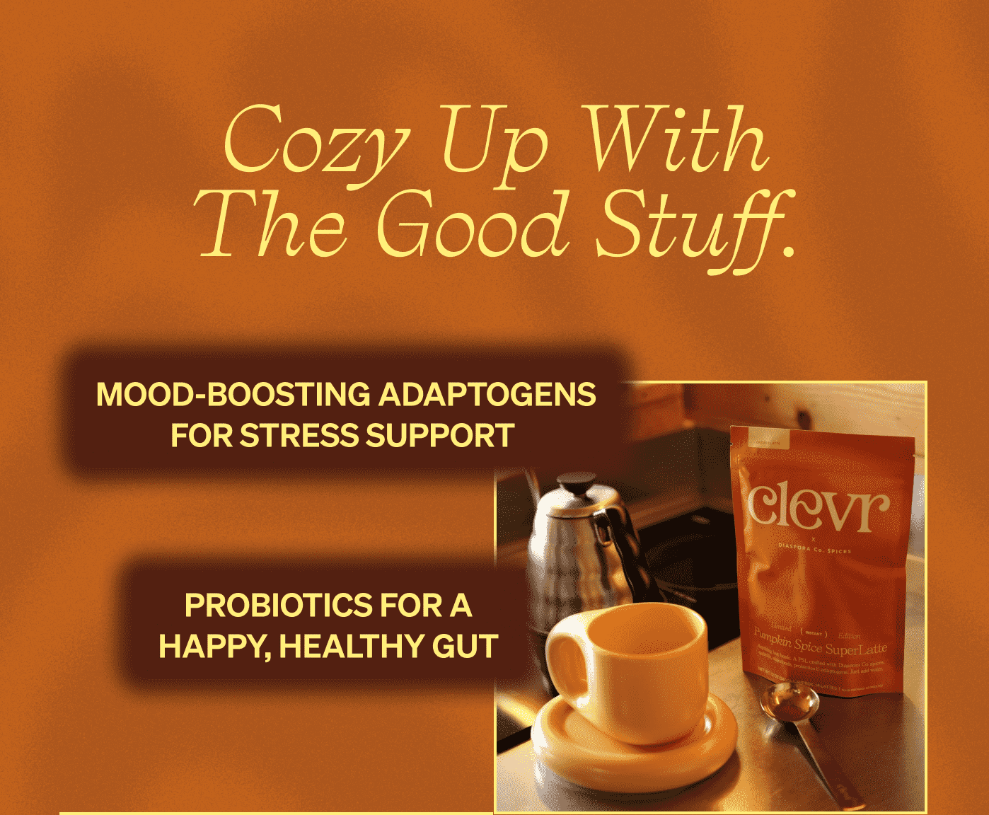 Cozy up with the good stuff. Mood-boosting adaptogens for stress support&nbsp; Probiotics for a happy, healthy gut
