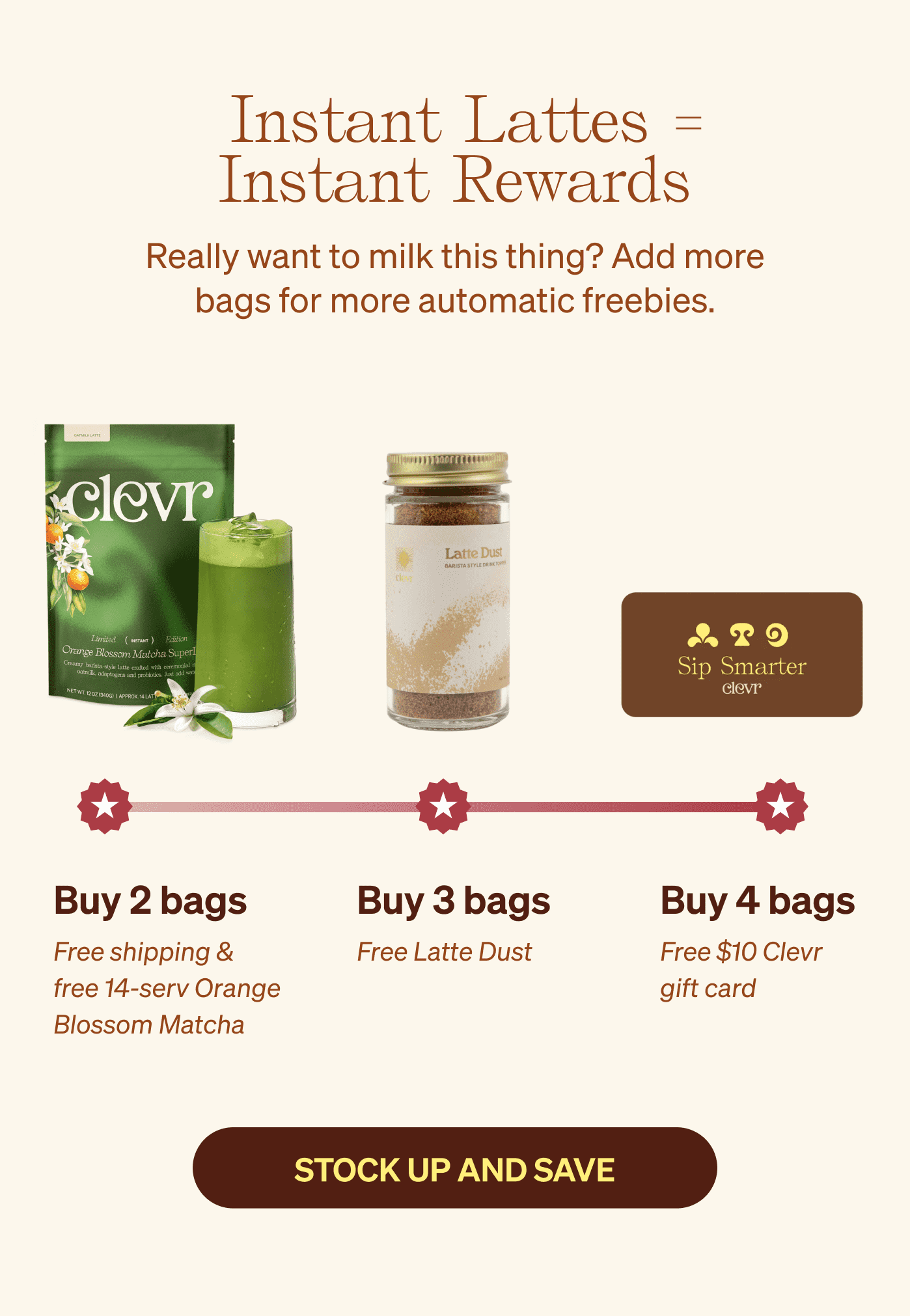 &nbsp;Instant lattes = Instant rewards Really want to milk this thing? Add more bags for more automatic freebies. STOCK UP AND SAVE 