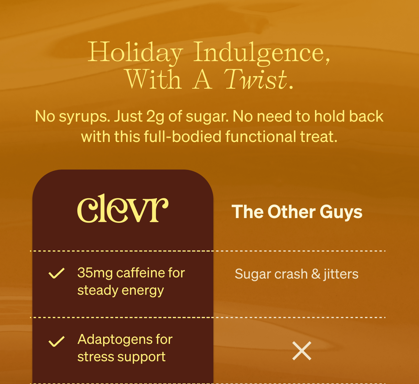 Holiday indulgence, with a twist. No syrups. Just 2g of sugar. No need to hold back with this full-bodied functional treat.