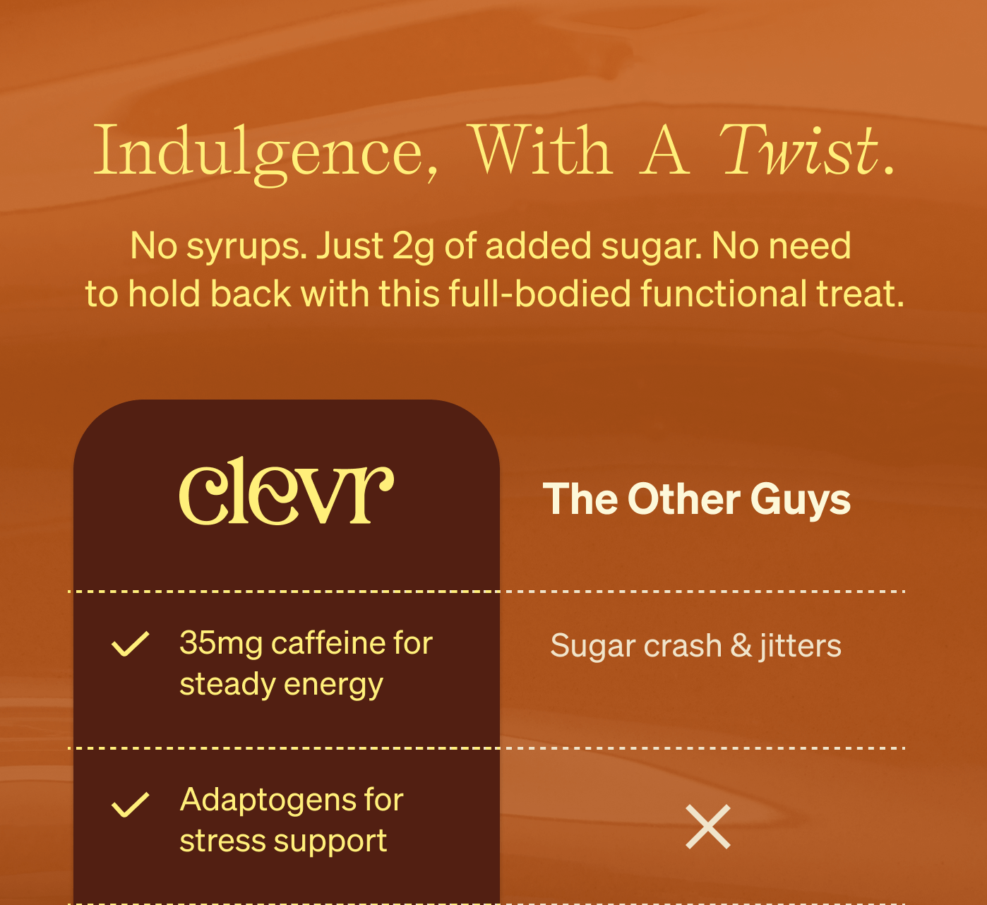 Indulgence, with a twist. No syrups. Just 2g of added sugar. No need to hold back with this full-bodied functional treat.