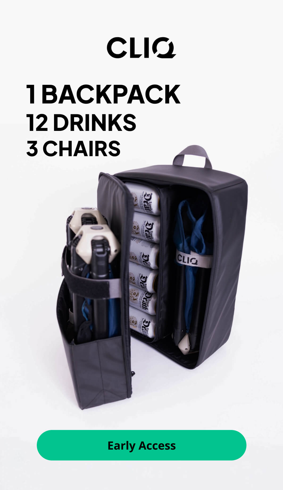 1 BACKPACK 12 DRINKS 3 CHAIRS