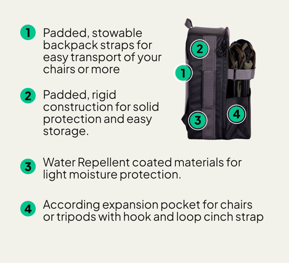 Padded, stowable backpack straps for easy transport of your chairs or more