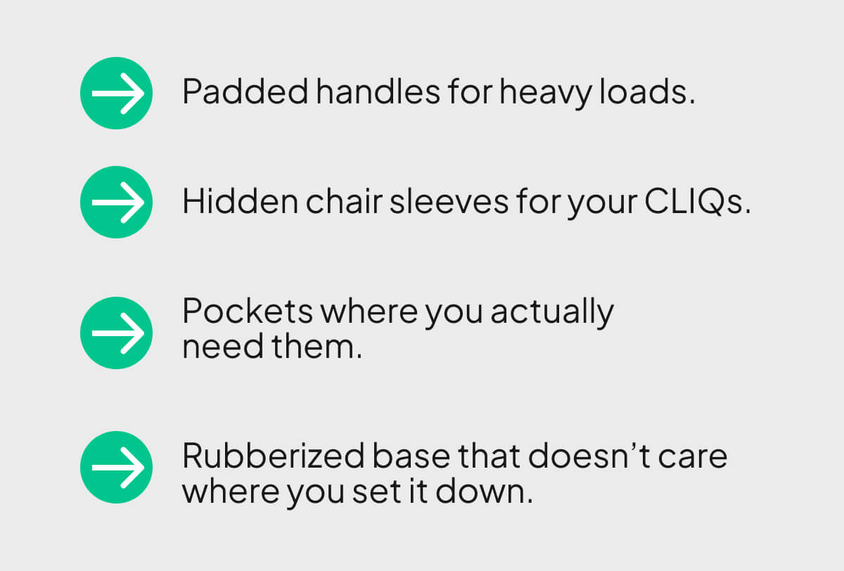 Padded handles for heavy loads.  Hidden chair sleeves for your CLIQs.  Pockets where you actually            need them.  Rubberized base that doesn’t care where you set it down.