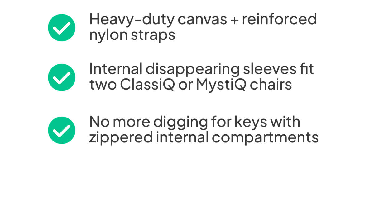 Heavy-duty canvas + reinforced nylon straps.  Internal disappearing sleeves fit two ClassiQ or MystiQ chairs.  No more digging for keys with zippered internal compartments.