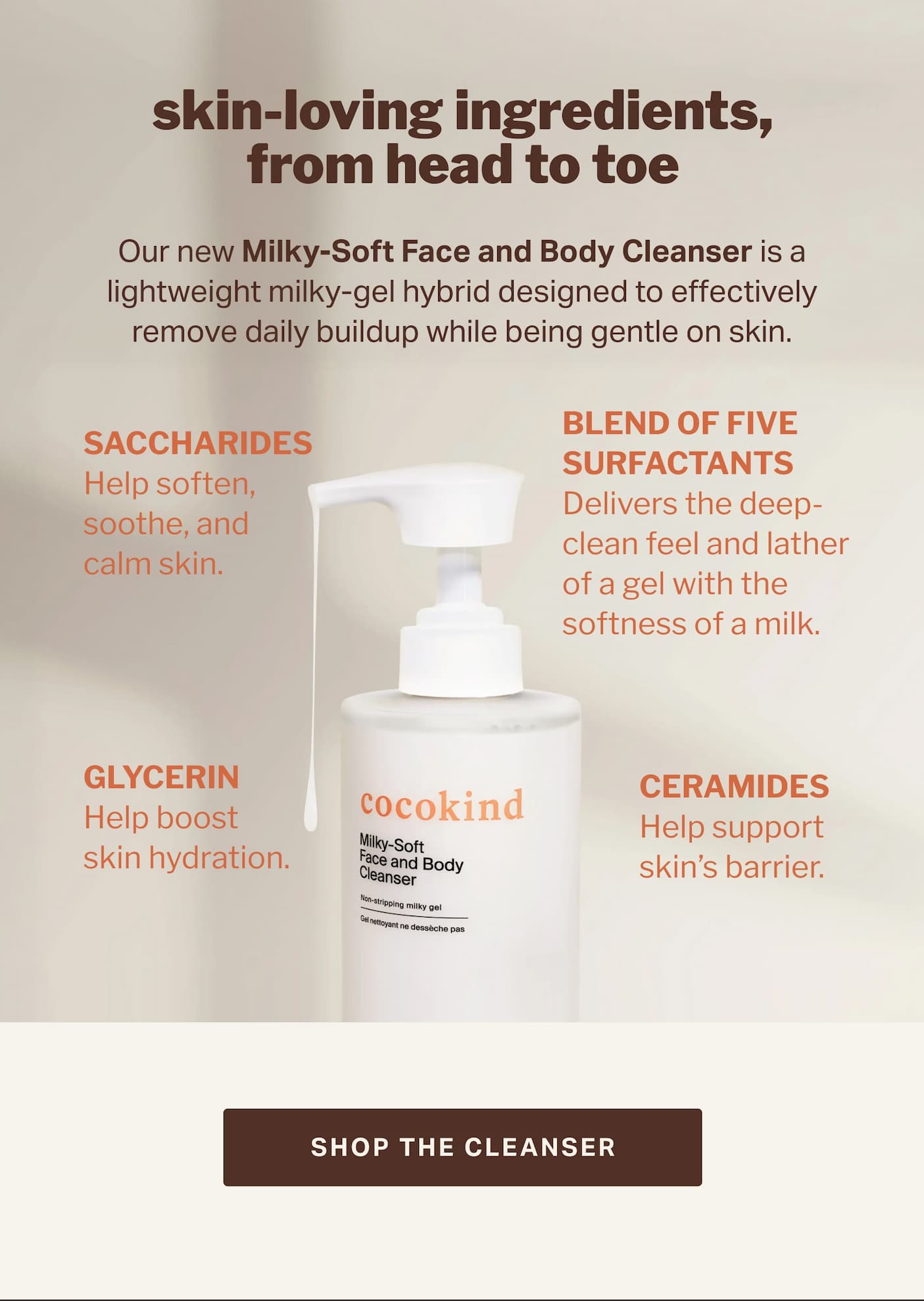 skin-loving ingredients, from head to toe A lightweight milky-gel hybrid designed to effectively remove daily buildup while being gentle on skin.