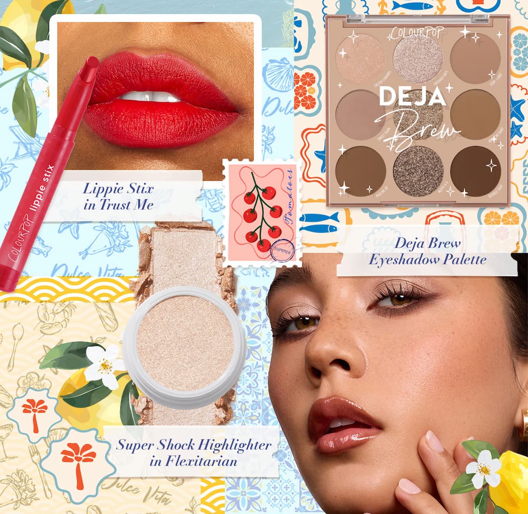 Lippie Stix in Trust Me, Deja Brew Eyeshadow Palette, Super Shock Highlighter in Flexitarian