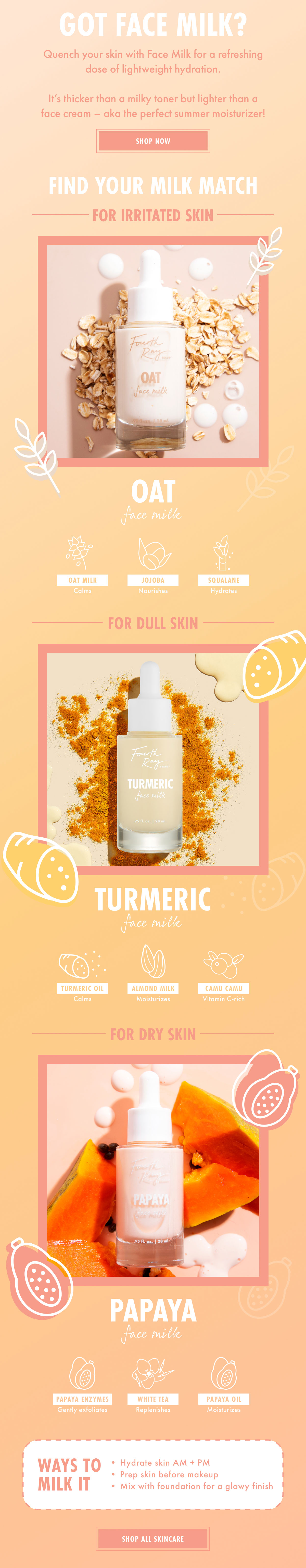 GOT FACE MILK? Quench your skin with Face Milk for a refreshing dose of lightweight hydration. It's thicker than a milky toner but lighter than a face cream - aka the perfect summer moisturizer. SHOP NOW