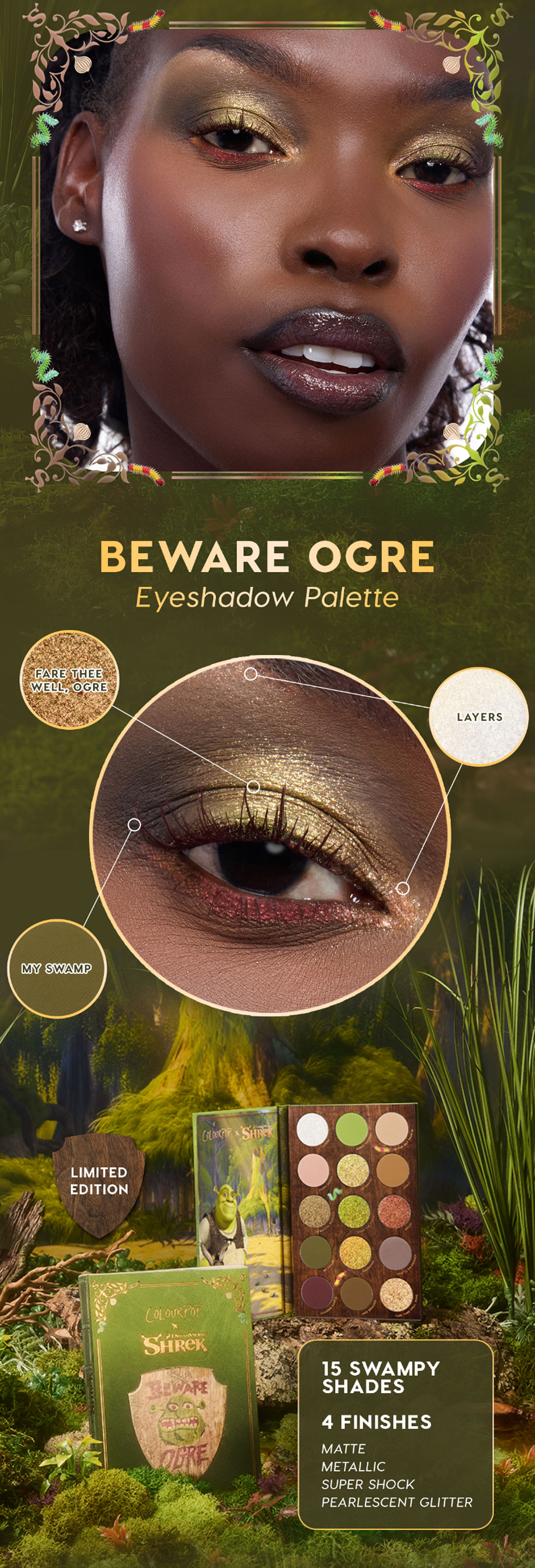 BEWARE OGRE Eyeshadow Palette | 15 Swampy Shades, 4 Finishes: Matte Metallic, Super Shock, Pearlescent Glitter