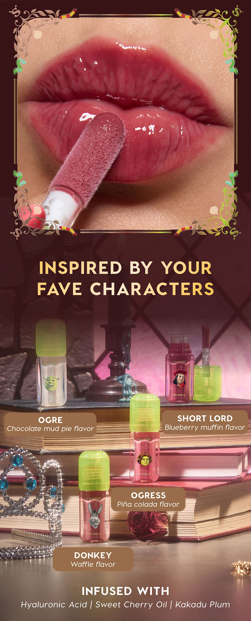 INSPIRED BY YOUR FAVE CHARACTERS | OGRE - chocolate mud pie flavor, SHORT LORD - Blueberry muffin flavor, OGRESS - pina colada flavor, DONKEY - Waffle flavor