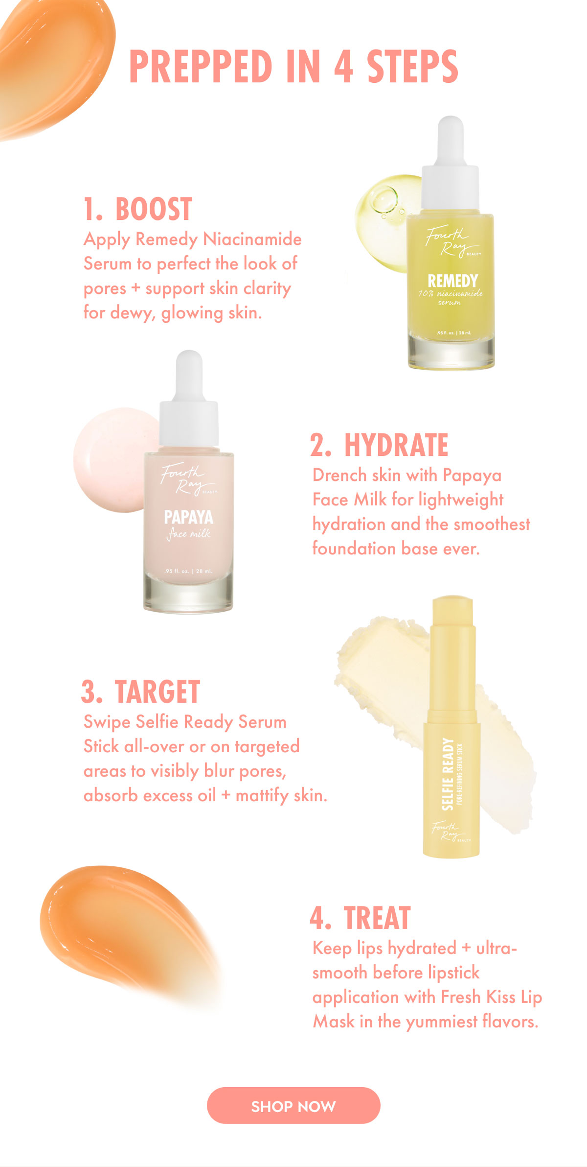 Prepped in 4 Steps: 1. Boost 2. Hydrate 3. Target 4. Treat | Shop Now