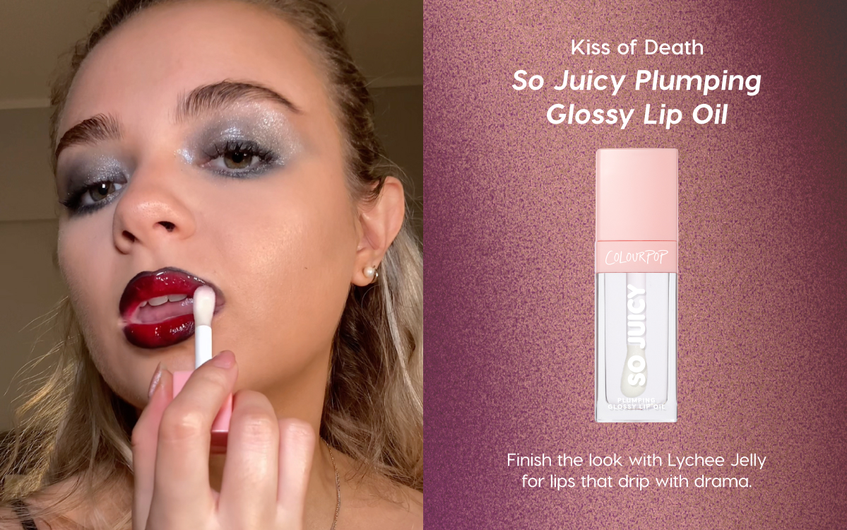 Kiss of Death: So Juicy Plumping Glossy Lip Oil | Finish the look with Lychee Jelly for lips that drip with drama.