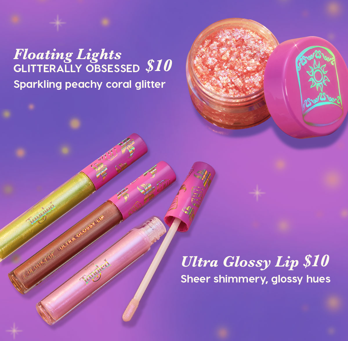 Floating Lights Gliterally Obsessed $10: Sparkling peachy coral glitter | Ultra Glossy Lip $10: Sheer shimmery, glossy hues