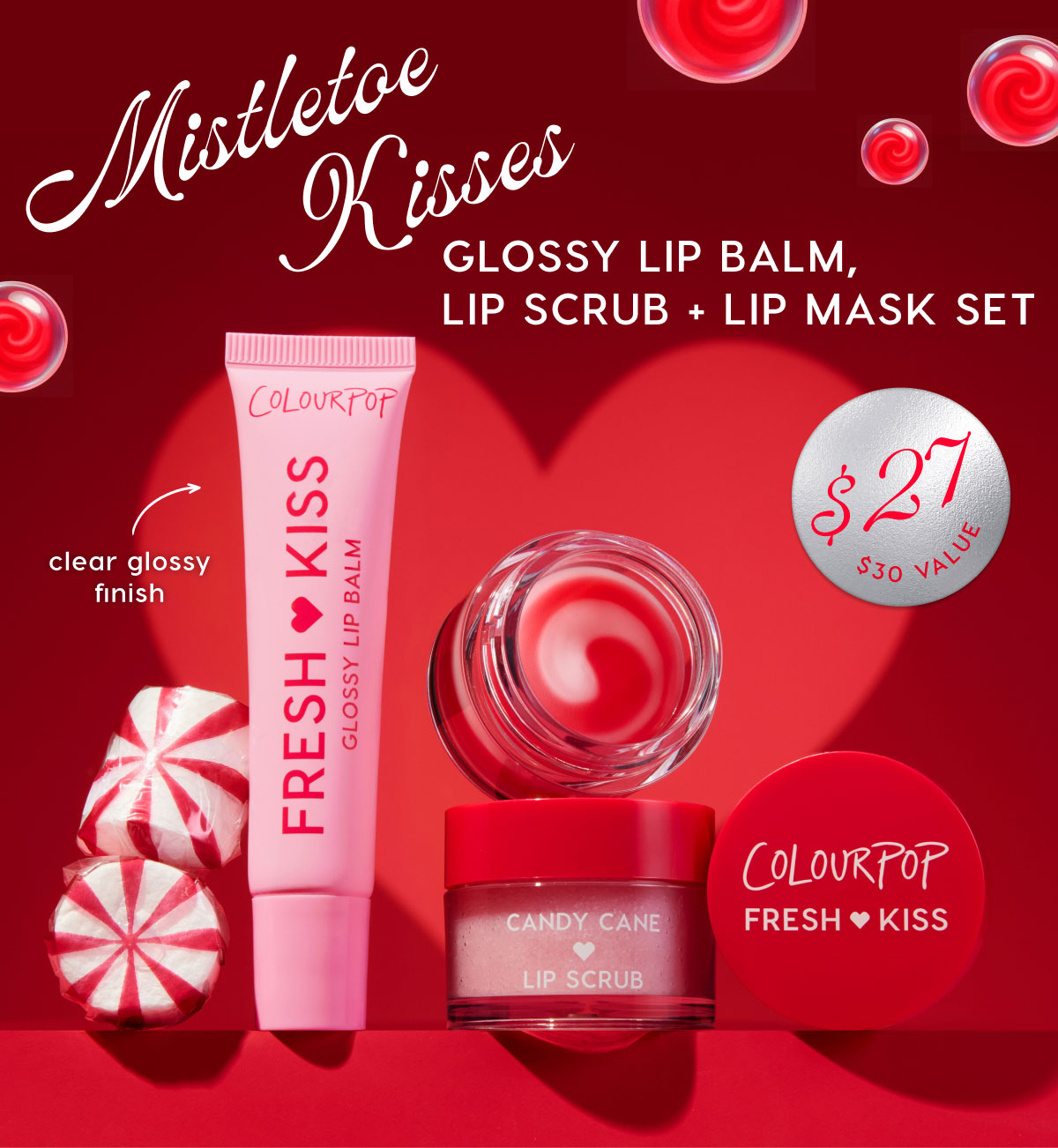 Mistletoe Kisses: Glossy Lip Balm, Lip Scrub + Lip Mask Set. $27 ($30 value) Mistletoe Kisses: Glossy Lip Balm, Lip Scrub + Lip Mask Set. $27 ($30 value)