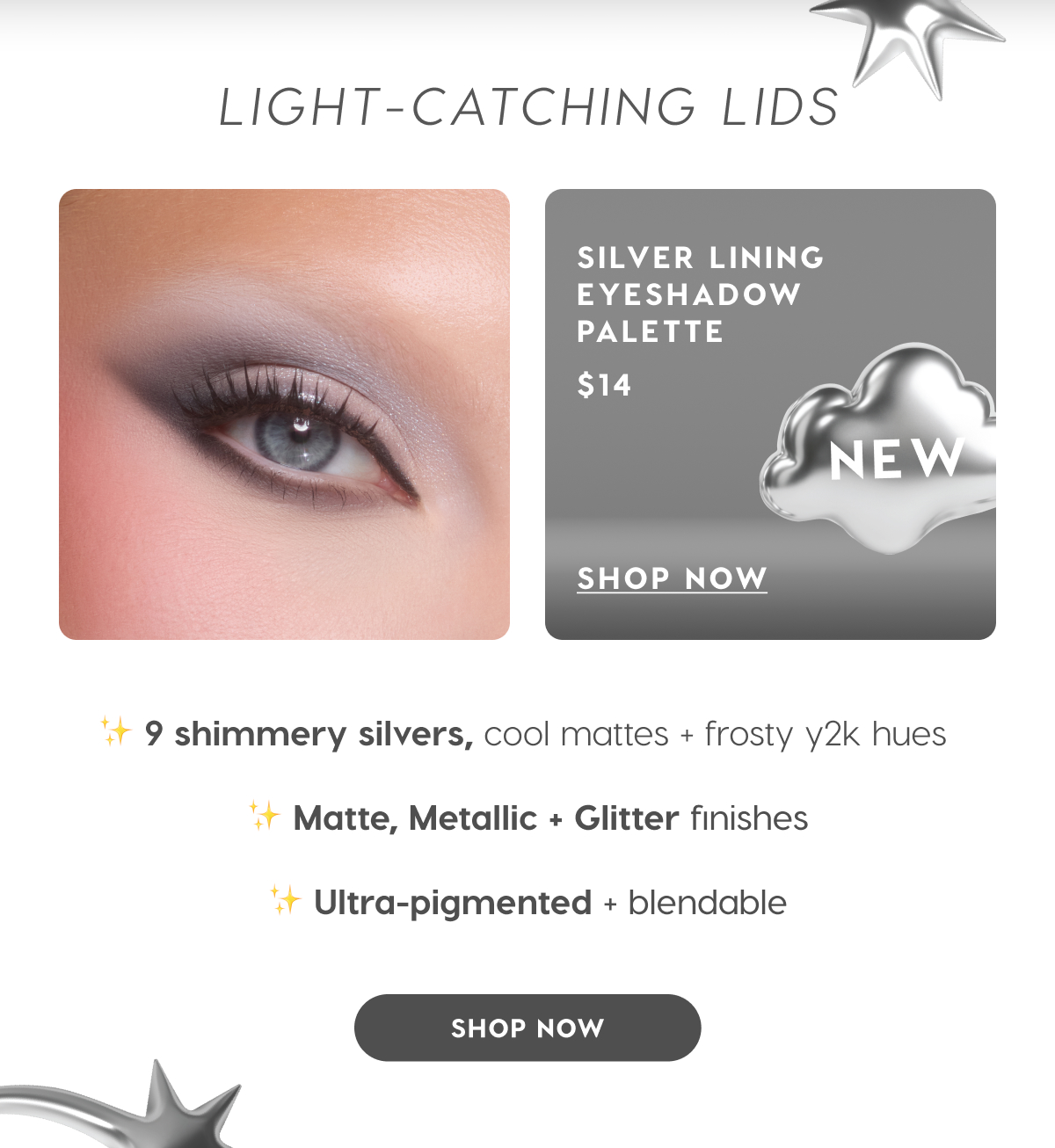 LIGHT-CATCHING LIDS. Silver Lining Eyeshadow Palette $14. SHOP NOW