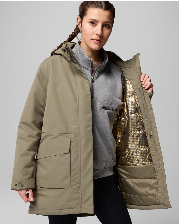 A woman wearing an olive green jacket