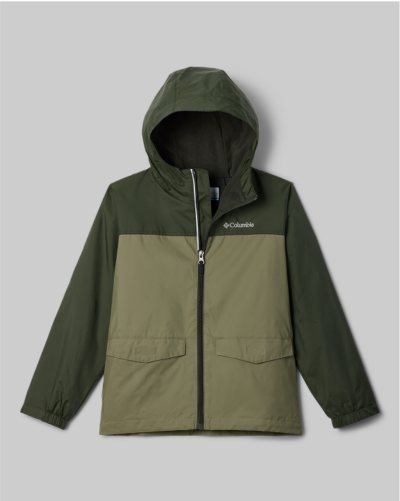 A lay down a of a boys' green jacket