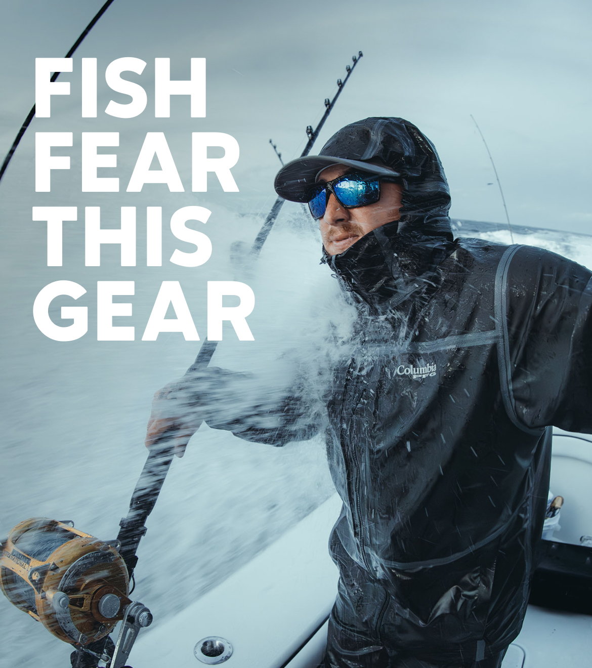 Fish Fear This Gear. Man in PFG fishing from a boat in stormy weather. 