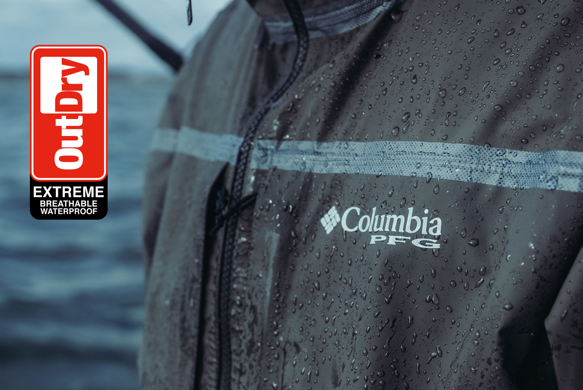 OutDry Extreme logo. Close-up of a waterproof PFG jacket. 