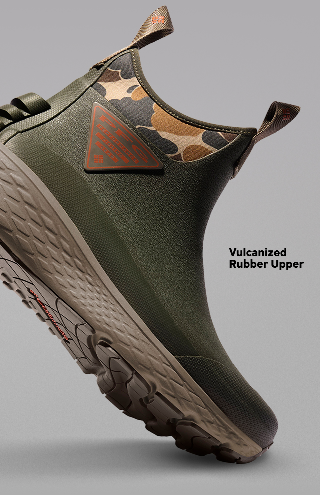 PFG sport boot with camo accents and text: Vulcanized Rubber Upper