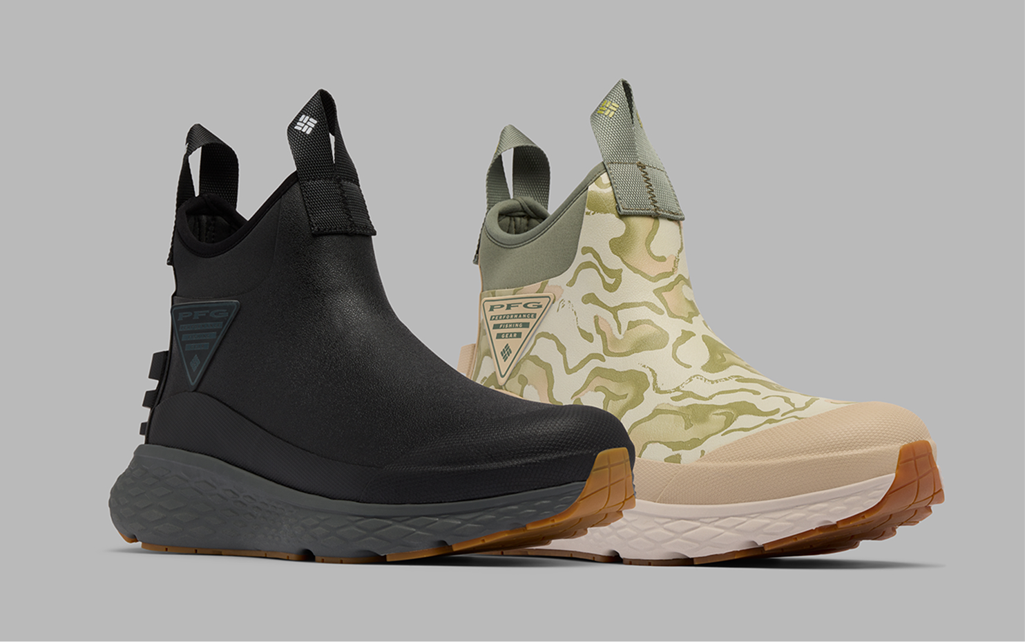 Two PFG sport boots, one black and one camo.