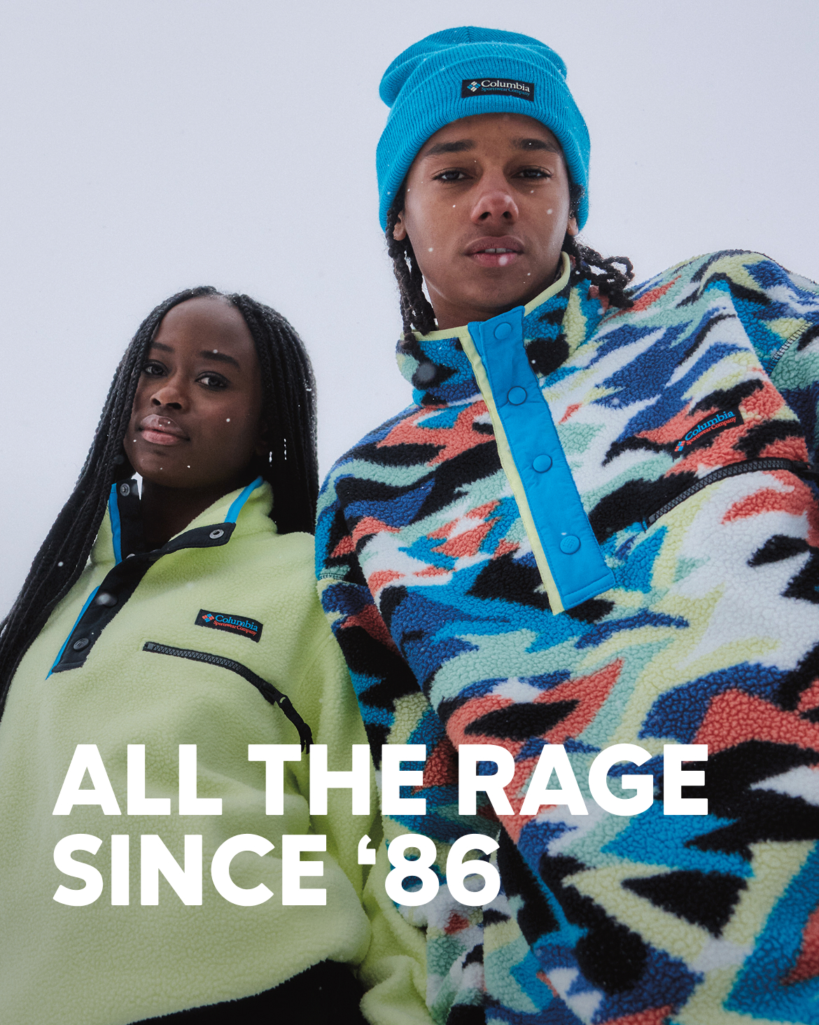 Two young people in Helvetia fleece with headline All the rage since eighty six.