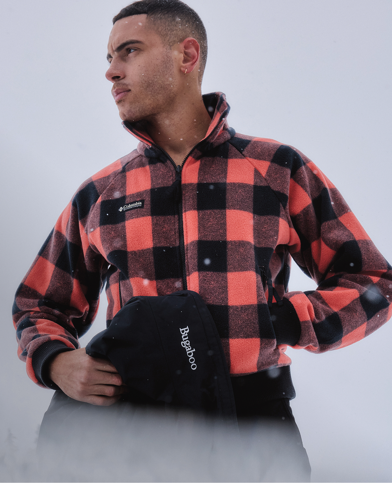 Model in the red and black buffalo check plaid inner fleece jacket.