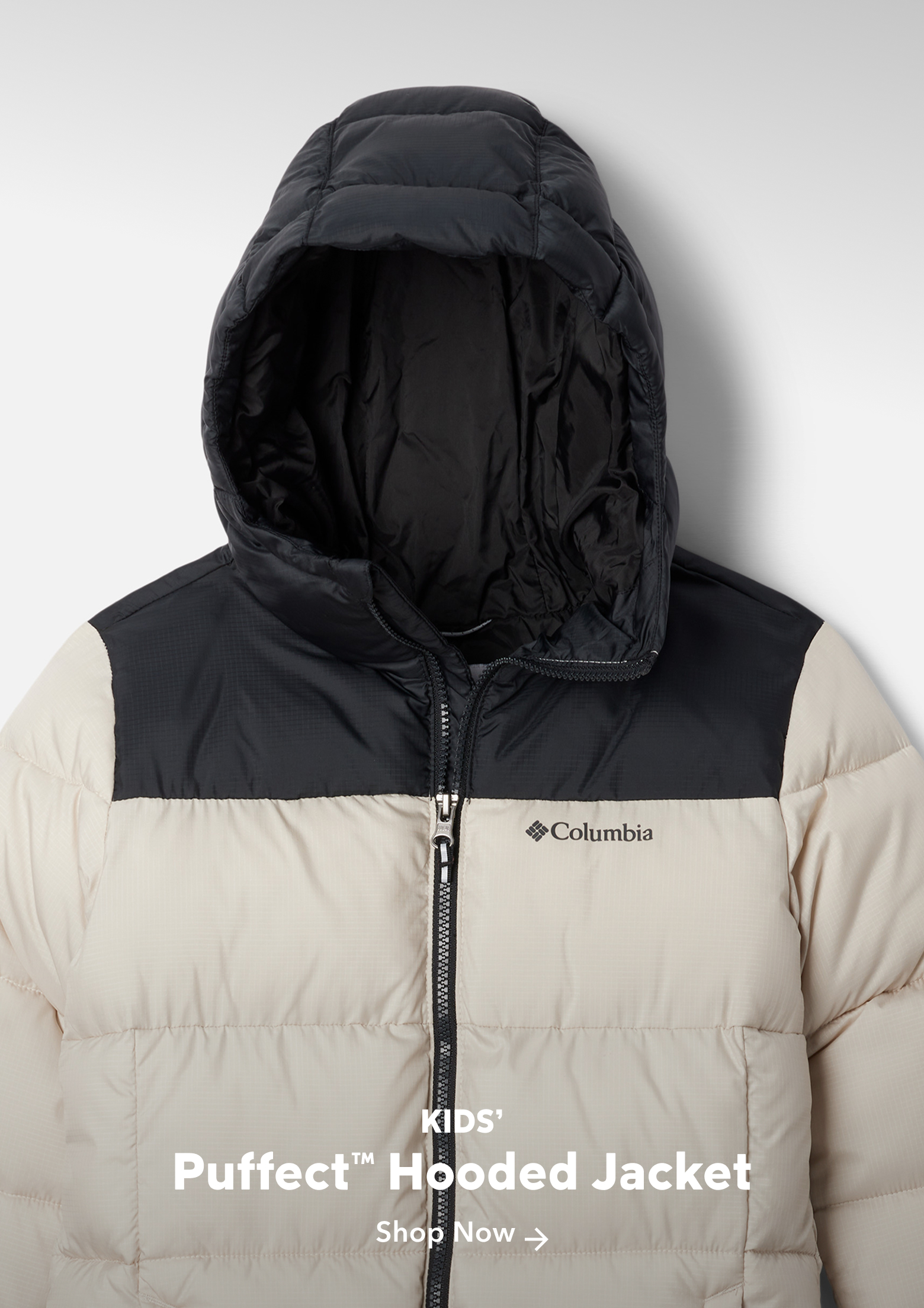A lay down image of the kids' Puffect Hooded Jacket in black and white.