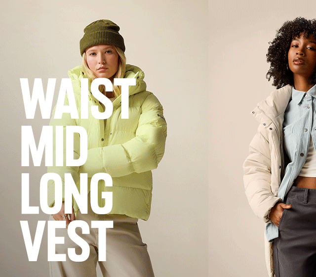 A gif of rotating women wearing different jacket styles with text: WAIST MID LONG VEST