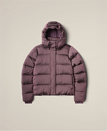 A shiny purple puffer jacket.